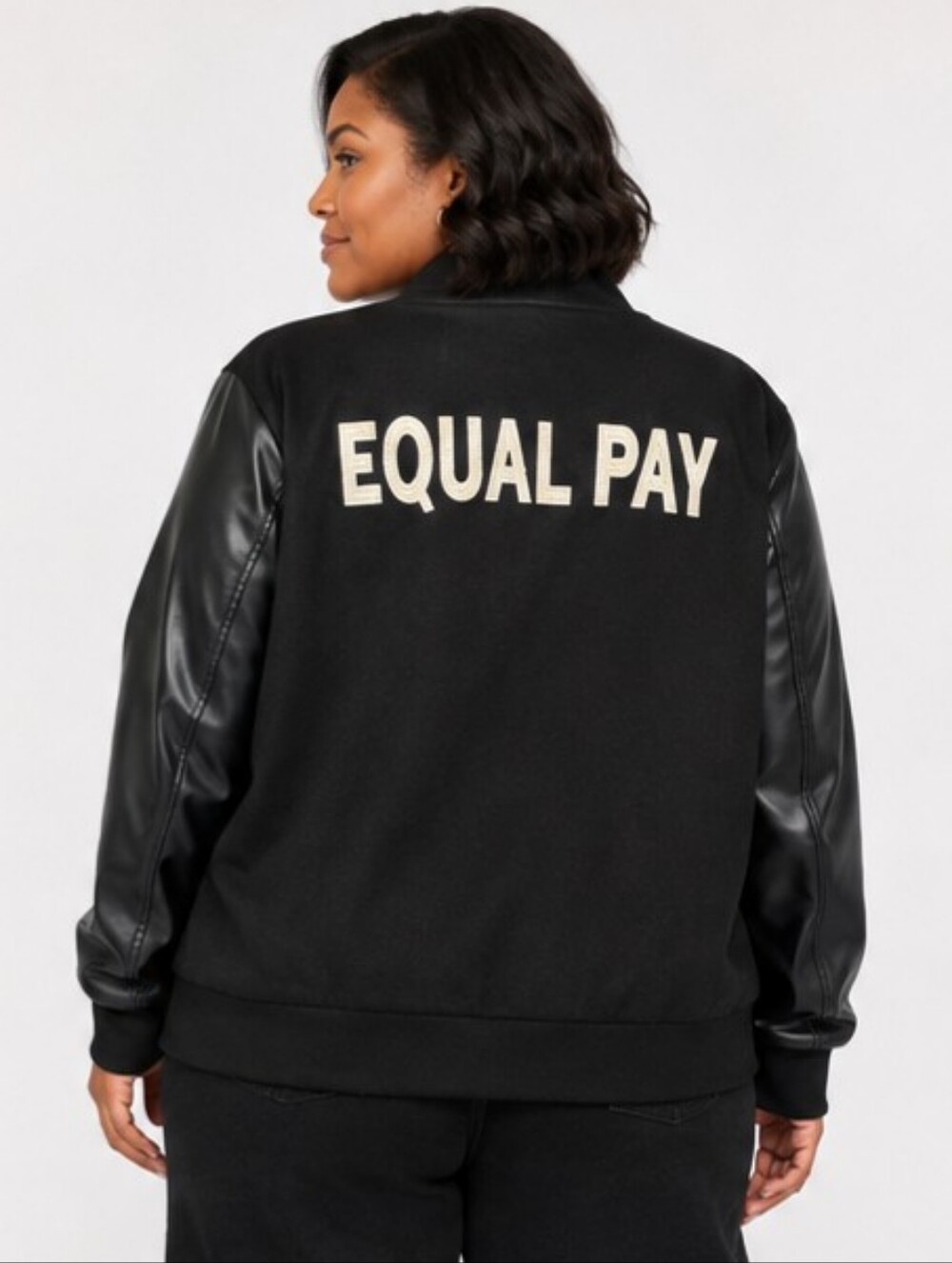 Hilary MacMillan "Equal Pay" Vegan Leather Varsity Statement Jacket 2X